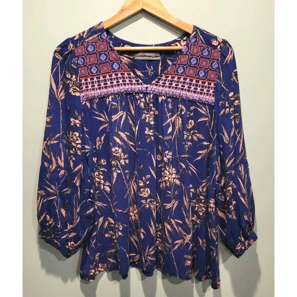 By Anthropologie Tops - By Anthropologie Blue Pink Embroidered Relaxed Fit Peasant Top Sz L